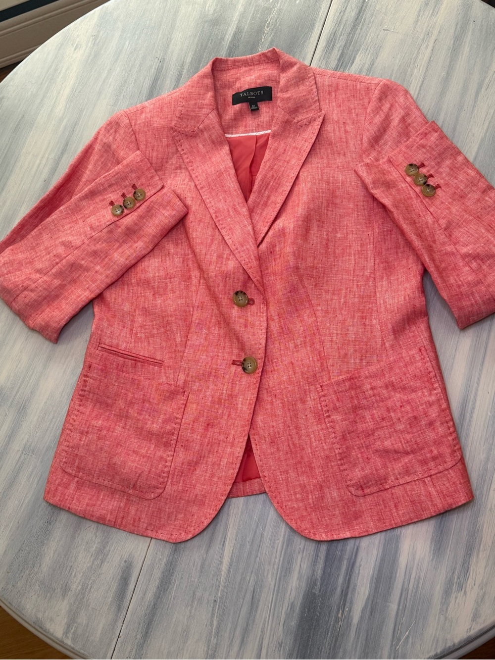 NWOT Talbots 100% Linen Blazer Coral Red Coastal Grandma Quiet Luxury 8 Petite